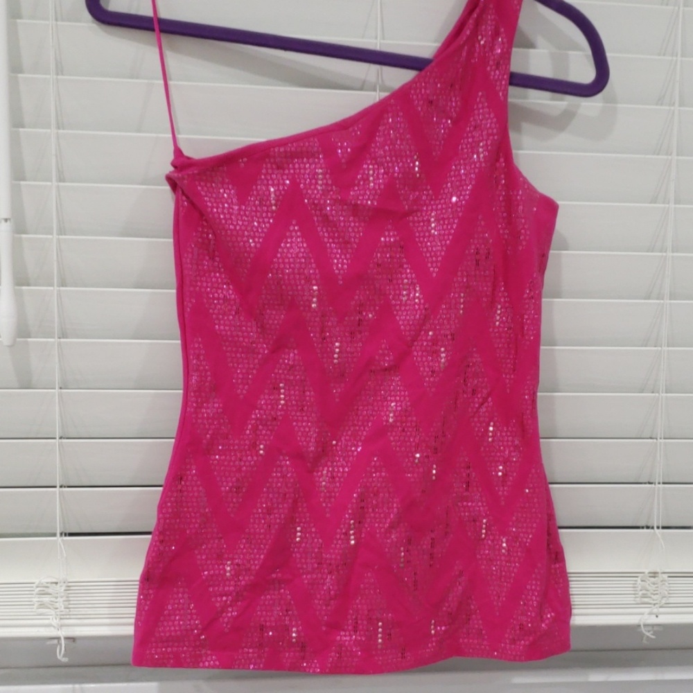 One shoulder bright pink tank